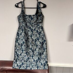 Nanette Lepore Beautiful Silver / Blue / Black Metallic Rose Floral Dress, Sz 4